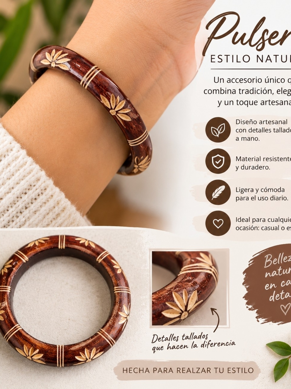 Handmade Brown Floral-Accent Bangle Bracelet - Women Jewelry